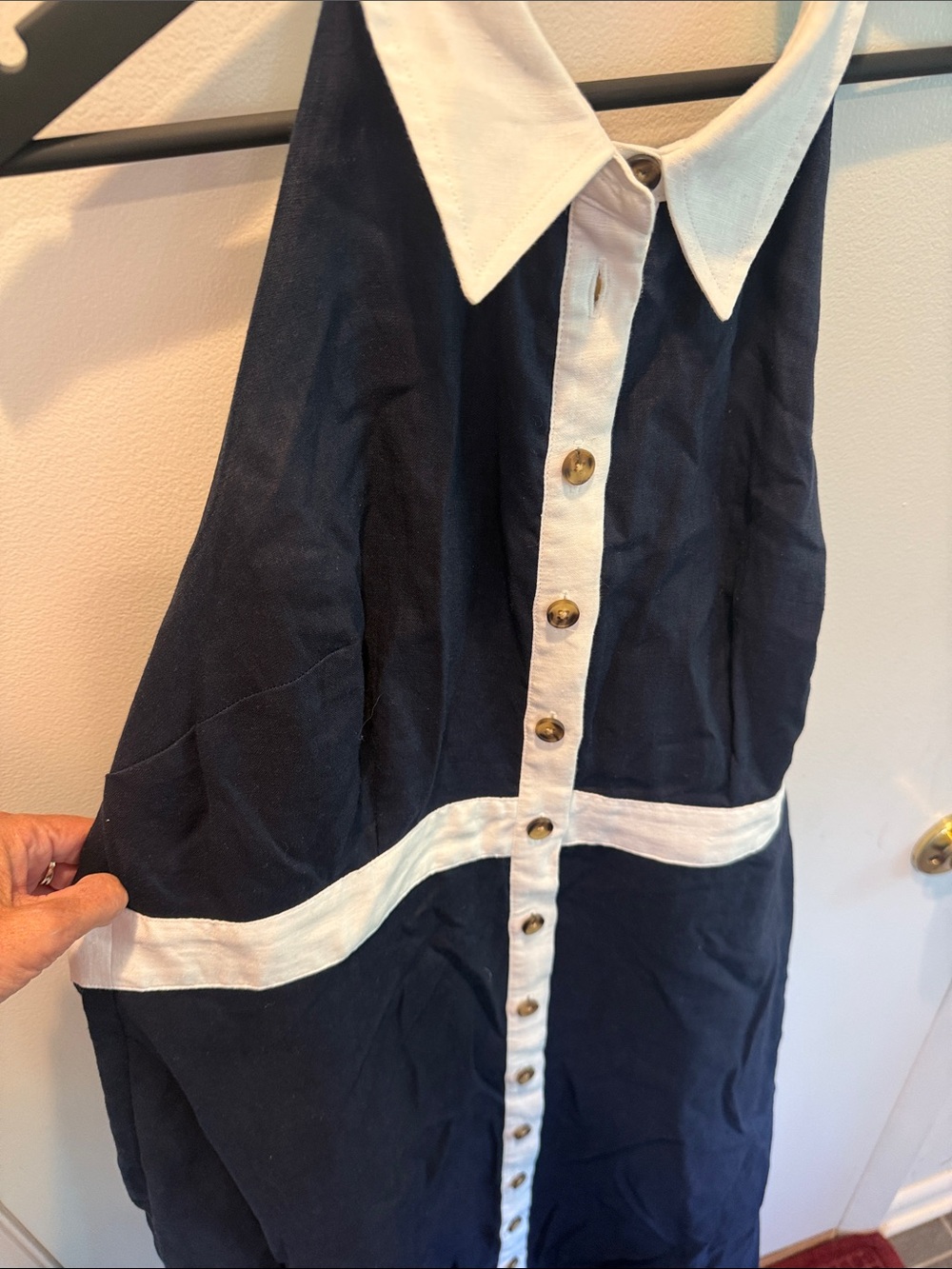 Boden Navy and White Halter Midi Dress with Button-Front - Picture 2 of 4